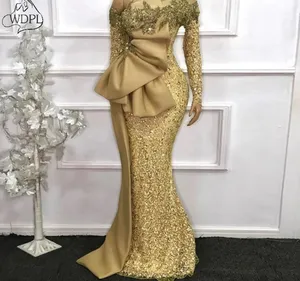 Elegante afrikanische Abendkleider Langarm Pailletten Meerjungfrau Abendkleid Aso Ebi Gold Perlen Spitze Applikationen Prom Kleider