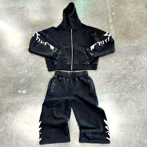 Black Acid Washed Full Zip up Vintage Distressed Stone Wash Streetwear Sweatsuit Pantalones de chándal acampanados y Sudadera con capucha Set Hombres Chándales - Product Image 1