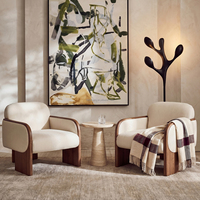 Fauteuil de salon FERLY, style rétro européen, en bois massif, artisanal, avec table d'appoint en travertin