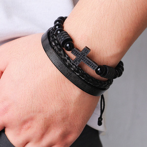 Ensemble de bracelets tressés en zircon croisé avec pierre noire, bande élastique, micro-incrustation, bijoux en alliage de zinc, cadeau, ensemble de trois pièces - Product Image 2