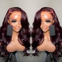 Perruque en cheveux humains bruts péruviens 12A, couleur 99j, ondulée, Lace Front 13X4, dentelle frontale HD transparente, nœuds simples, sans colle