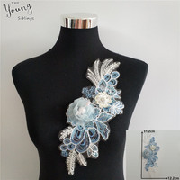 Patch bleu 3D grande fleur à coudre sur broderie dentelle applique