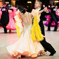 Robe de compétition de danse de salon pour femme B-26065 en satin et mousseline couleur champagne avec plumes d'autruche, tenue de scène moderne standard