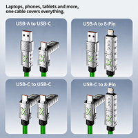 Kabel Pengisian Daya USB C 240W 4 in 1, USB A ke USB C 8 Pin, Nylon Braided, Zinc Alloy, Lampu RGB, Grosir OEM