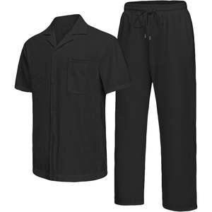 Conjunto de 2 Piezas de Verano para Hombre, Estilo Casual, Camisa de Manga Corta con Botones, Pantalones Holgados, Traje Deportivo a Rayas Texturizadas - Product Image 3