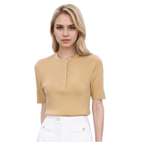 T-shirt pour femme OEM, col rond, en fibre de lyocell triacétate, manches courtes, pull ajusté avec bouton