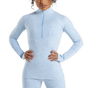Custom Seamless Quarter Zip <b>Top</b> Women Light Blue Textured Long Sleeve Workout Shirt With <b>Thumb</b> <b>Holes</b> Custom Made By Twin City - Product Image 1