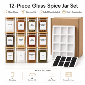 Ensemble de 12 pots à épices carrés en verre de 8 oz avec couvercles en bambou, étiquettes et emballage de protection pour l'organisation du garde-manger - Product Image 2
