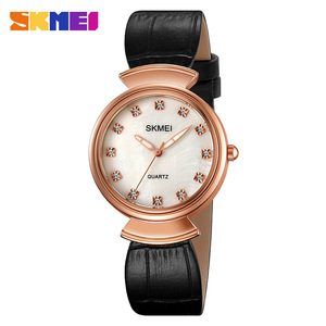 Skmei Women's Quartz Watch Rose Gold Dial Diamond Accents Black Leather Strap 30M Water Resistant Analog Display - Product Image 1