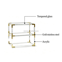 Table d'appoint de luxe à 3 niveaux avec cadre doré, étagères en verre trempé transparent et pieds en acrylique, table de chevet d'angle pour canapé avec rangement supplémentaire
