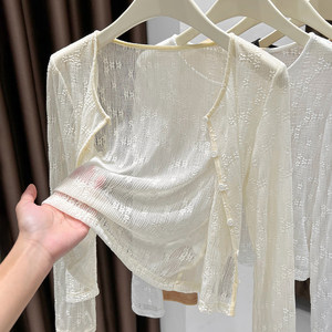 Dames gebreide kantcardigan met lange mouwen, doorschijnend, uitgehold, met patroon van mesh-stof voor een sexy look - Product Image 2