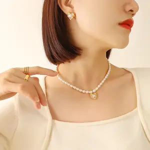 18K Gold Plated Irregular Hammered Heart Pendant Freshwater Pearl Necklace Wholesale Trendy Earring Stainless Steel Jewelry Set