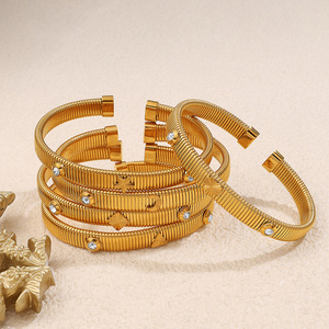 Pulsera de Acero Inoxidable con Trébol de Cuatro Hojas e Incrustaciones de Zirconia, Brazalete Elástico Unisex, Joyería de Moda - Product Image 2