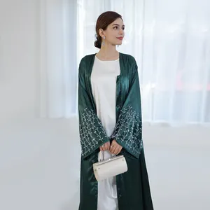 2023 Loriya Islamitische Kleding Satijn Open Abaya Cardigan Mouw Deel Met Kralen Abaya Vrouwen Moslim Jurk Luxe Abaya