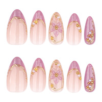 Ongles à presser en acrylique rose nude, forme amande, avec fleurs 3D, effet œil de chat brillant, élégants et luxueux, pour mariée et usage quotidien, commande en gros