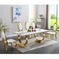 Ensemble de table à manger rectangulaire moderne en marbre de luxe haut de gamme, fabriqué à la main, avec structure en acier inoxydable pour salles à manger.