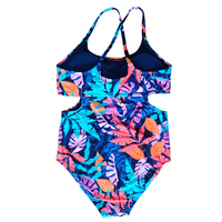 Maillot de bain une pièce monokini pour femme, coloré, à découpes feuille de palmier, imprimé tropical personnalisé, dos croisé, marque privée, vente en gros