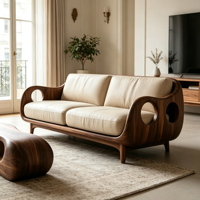 Canapé moderne 2 places pour salon avec structure en fibre de verre durable à effet bois, revêtement en cuir crème de qualité supérieure et design unique