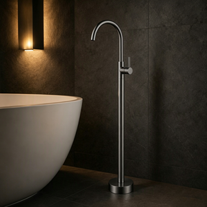 Robinet sur pied gris, finition minimaliste, monocommande, pour lavabo de salle de bain - Product Image 5