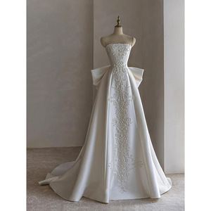Abito <span class=keywords><strong>da</strong></span> <span class=keywords><strong>Sposa</strong></span> Francese Personalizzato ed Elegante per Donna, Senza Spalline in Raso con Fiocco, Taglie Grandi, <span class=keywords><strong>Velo</strong></span> Principale, Sensazione di Lusso - Product Image 1