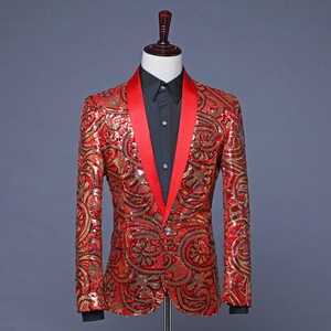 Costume de <span class=keywords><strong>smoking</strong></span> à paillettes rouge brillant, <span class=keywords><strong>col</strong></span> châle, Blazer à paillettes, veste de costume DJ Club scène Blazer Hombre mariage marié chanteur de bal pour hommes - Product Image 6