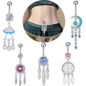 Anello per <span class=keywords><strong>ombelico</strong></span> Dreamcatcher - <span class=keywords><strong>Piercing</strong></span> <span class=keywords><strong>all</strong></span>'<span class=keywords><strong>ombelico</strong></span> in acciaio inossidabile placcato <span class=keywords><strong>argento</strong></span> stile punk con cristallo rosa CZ e piuma, regalo di nozze - Product Image 2
