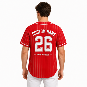 Maillot de baseball personnalisé en coton à manches courtes avec rayures rouges, nom et numéro d'équipe personnalisés, boutons sur le devant, été - Product Image 3