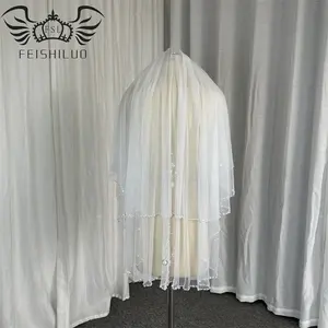 Feishiluo Luxury beads Edge Two layers veils For wedding Wholesale ladies cheap bridal veil Face Veil