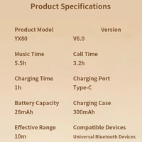 Écouteurs sans fil V6.0 avec 5,5h d'autonomie en lecture, 3,2h en conversation, charge Type-C, portée de connexion effective de 10m