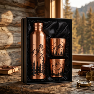 Juego de Botella de Agua de Cobre Primum Hecha a Mano con 2 Tazas, Grabado de Árbol de Montaña, Portátil, para Camping, en Caja de Regalo - Product Image 1