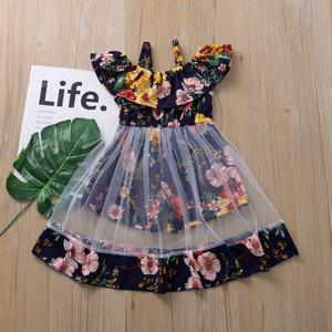 Robe de fête pour bébé fille style bohème, en tulle, à col volanté en dentelle, à volants, imprimé floral tournesol - Product Image 2