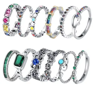 925 Sterling Silver Men Tím Hoa Có Thể Điều Chỉnh Vòng Màu Xanh Lá Cây Màu Xanh Zircon Mở Vòng Cho Phụ Nữ Món Quà Sinh Nhật Đồ Trang Sức Mỹ