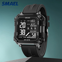 SMAEL 8129 Wasserdichte 50m Herren Digital Sport Quadratische Luxusuhr mit Stoppuhr Silikonarmband 43mm Zifferblatt