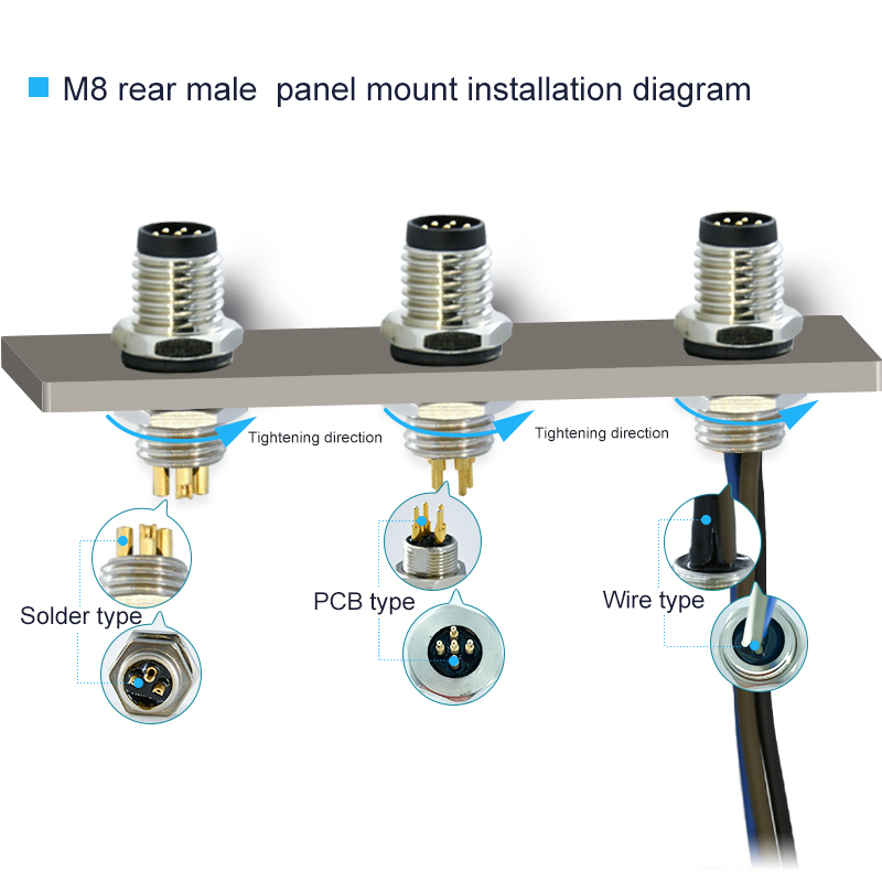 8pin Front Screw M8 Waterproof Connector Panel Mount Industrial Plug Socket