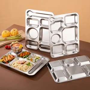 Sections de compartiments en acier inoxydable Plateau de nourriture divisé rectangulaire Assiette à dîner d'étudiant pour assiettes de cantine