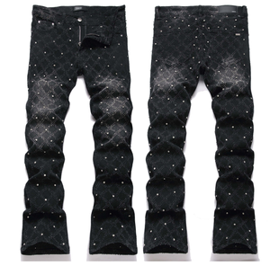 Jeans Bootcut da <span class=keywords><strong>Uomo</strong></span> alla Moda con Ricamo a Diamante, <span class=keywords><strong>Elasticizzati</strong></span>, Strappati, Svasati, Effetto Usurato, in Denim Lavato CYJP-2610028 - Product Image 5