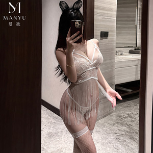 Sexy and alluring lingerie, hot tassel nightgown, open crotch, sexy and passionate uniform, lace hollow-out see-through - Product Image 2
