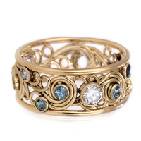 Bague en filigrane de zircone cubique bleue pour femme, 18 mm, laiton plaqué or ajouré vintage, or
