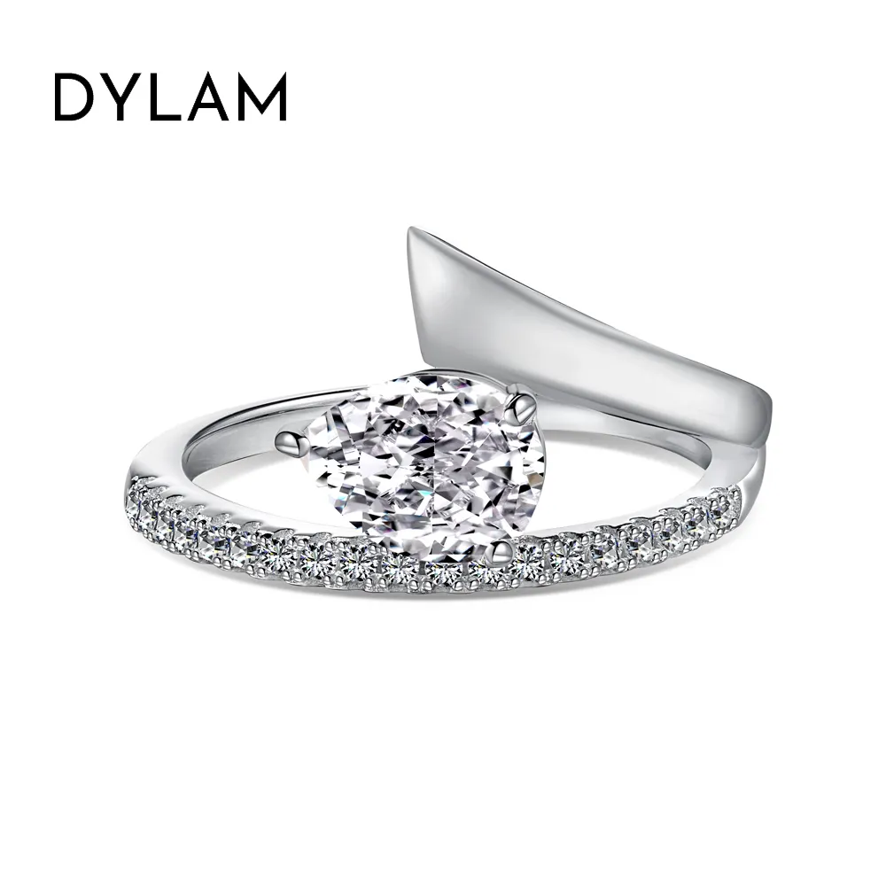 Dylam Stylish S925 Silver Rhodium 18K Gold Plated Pear Shape 8A Crushed Iced Out Cut Zirconia Geometric Wedding Promise Ring