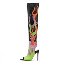 Bottines longues pour femmes, à paillettes mélangées, effet feu, à bout ouvert, talons aiguilles fins, chaussures à flamme, fermeture éclair latérale, bottines longues d'été