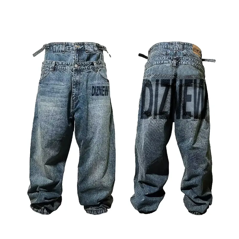 DiZNEW European High street hip hop hipster washes water to make old designer baggy wide-leg men's jeans stack jean