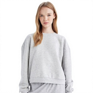 Women's Gray Crew Neck Sweatshirt Full Sleeve Knitted Cotton Blend Casual Solid Color Breathable Autumn Wear - Product Image 3