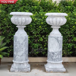 YOUFINE Paire de pots à fleurs en marbre <span class=keywords><strong>blanc</strong></span> sculptés à la main avec un relief floral, jardinière en pierre avec piédestal carré pour la décoration de la villa, du jardin ou de la porte - Product Image 6
