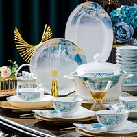 Service de table en porcelaine artistique bleu et or, motif paysage montagne et eau peint à la main, bordure dorée, vaisselle de luxe en porcelaine fine