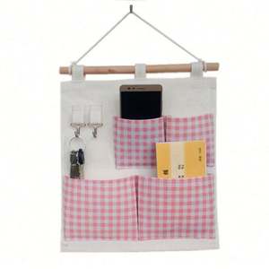 Sac à cosmétiques suspendu minimaliste en coton et lin avec 1 bâton en bois et 4 poches, ensemble de rangement mural en tissu denim - Product Image 2