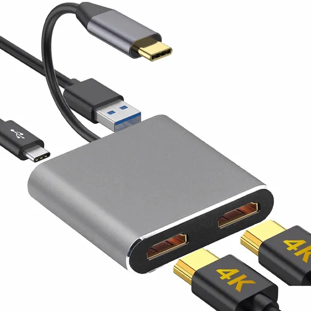 4-in-1 USB-C Dual HD Adapter USB 3.0 Type-C DC HDTV Screen Display Video Converter PD Fast Charging Hub Laptop Mobile Phone