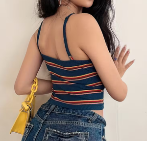 Women Teal Red Stripe Cami <strong>Top</strong> Skinny Strap Tank Ribbed Knit Crop <strong>Vest</strong> Summer Casual Sleeveless Basic - Product Image 2