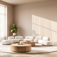 Ensemble de canapés sectionnels modernes de luxe en tissu blanc crème avec pieds en bois et tables basses rondes en bois pour hôtels et entrepôts