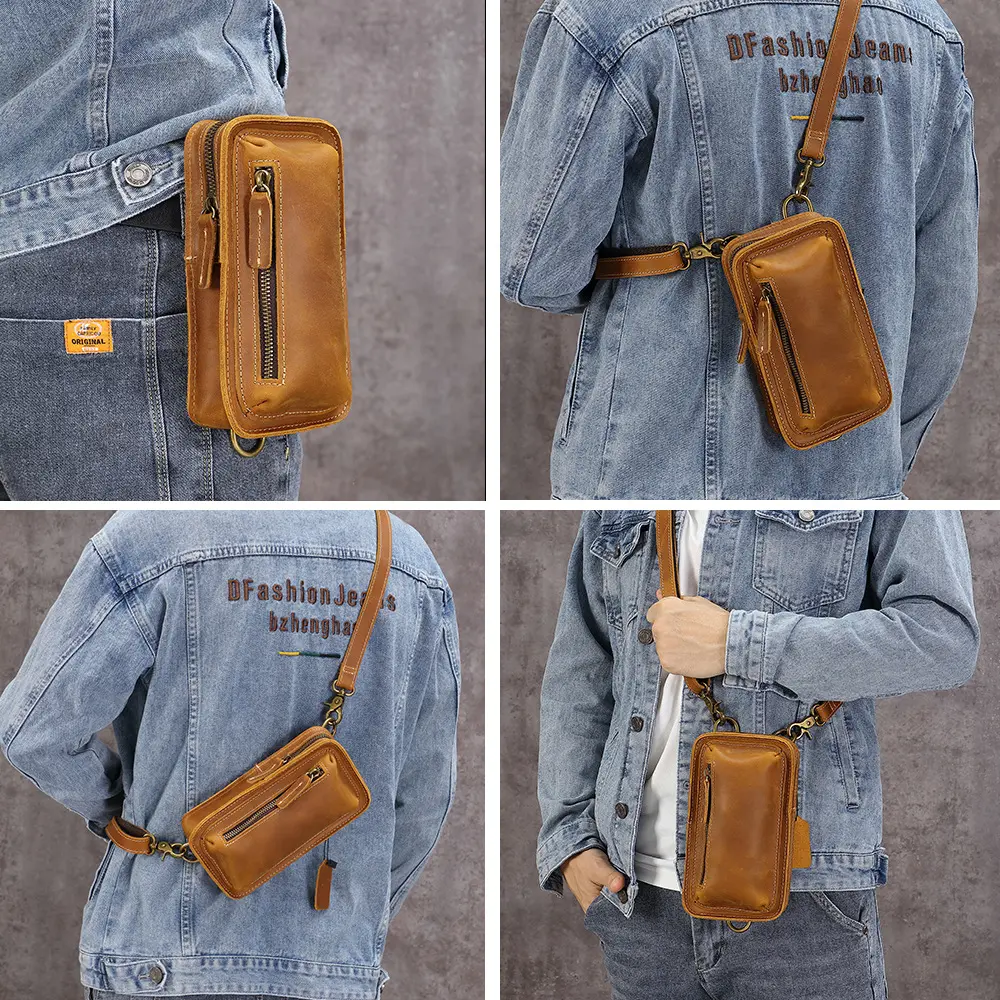 Vintage Mannen Gek Paard Cowhide Lederen Crossbody Schouder Heuptassen Mannen Volkoren Lederen Messenger Bag