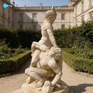 Statua in Marmo Bianco Scolpita a Mano di Due Uomini che Lottano, Grande Scultura in Pietra per Decorazione Esterna Casa e Giardino - Product Image 3